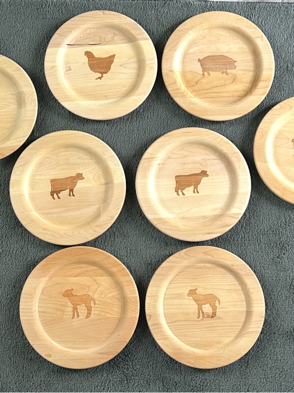 J.K. Adams Farm Plates Set Of 8 Pig, Lamb, Cow, Chicken 10" Vermont Maple NEW